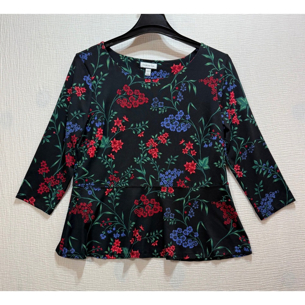 Charter Club Womens Peplum Top Sz L Black Floral 3/4 Sleeve Scoop Neck Bloomcore